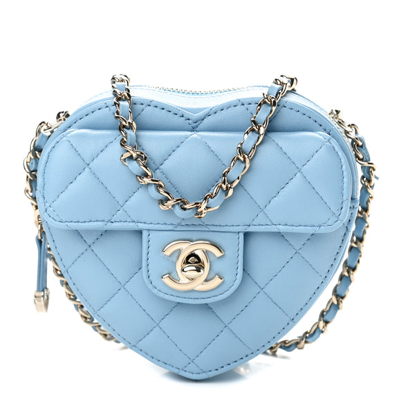 Lambskin Quilted CC In Love Heart Clutch With Chain Light Blue