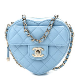 Lambskin Quilted CC In Love Heart Clutch With Chain Light Blue