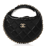 Lambskin Quilted Chain Around Pouch Hobo Black