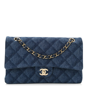 Printed Denim Quilted Medium Double Flap Dark Blue