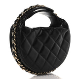 Lambskin Quilted Chain Around Pouch Hobo Black