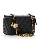 Lambskin Quilted Small Pearl Crush Vanity Case With Chain Black