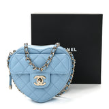 Lambskin Quilted CC In Love Heart Clutch With Chain Light Blue