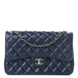 Caviar Quilted Jumbo Double Flap Navy Blue