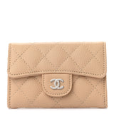 Caviar Quilted Flap Card Holder Wallet Beige