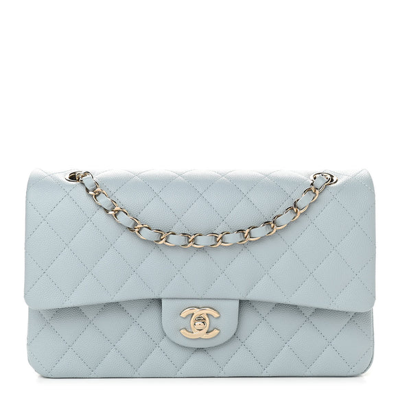 Caviar Quilted Medium Double Flap Light Blue