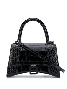 Shiny Calfskin Crocodile Hourglass Top Handle Black