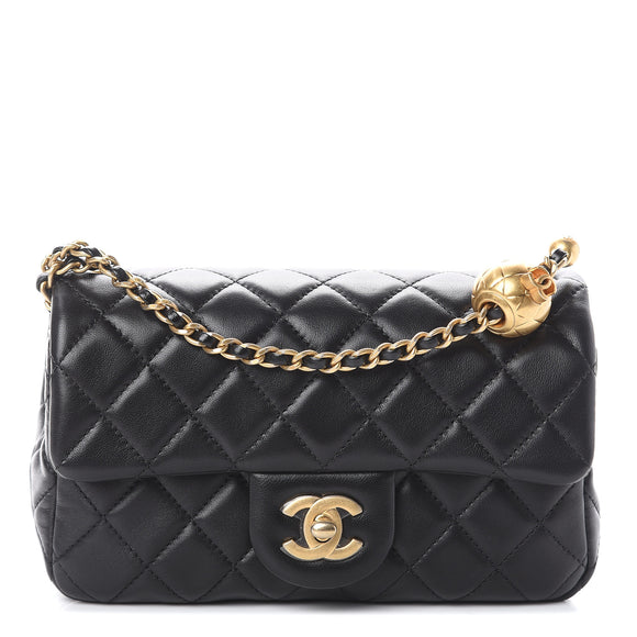 Lambskin Quilted CC Pearl Mini Rectangular Flap Black