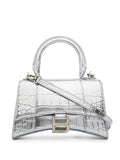 Shiny Calfskin Crocodile Hourglass Top Handle Bag Mini Silver