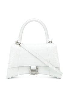 Shiny Calfskin Crocodile Hourglass Top Handle Bag White