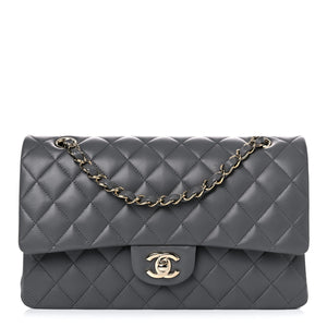 Lambskin Quilted Medium Double Flap Dark Grey