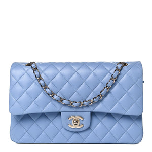 Lambskin Quilted Medium Double Flap Light Blue