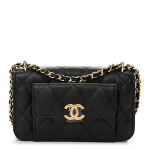 Caviar Quilted Pocket Twins Clutch With Chain Black