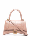 Shiny Calfskin Crocodile Hourglass Top Handle Bag Mini Beige