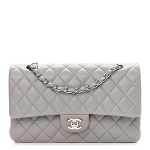 Lambskin Quilted Medium Double Flap Grey