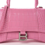 Shiny Calfskin Crocodile Hourglass Top Handle Pink