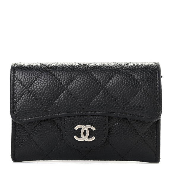 Caviar Quilted Flap Card Holder Wallet Black